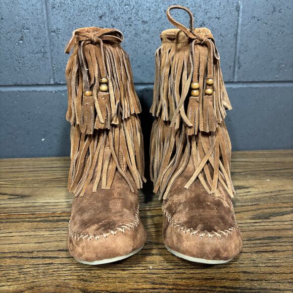 Mossimo Supply Co Fringe Suede Moccasin Boots Women’s 11 Tan Faux Fur Lined - Picture 2 of 8